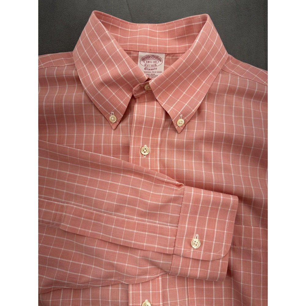 Brooks Brothers Shirt Mens 14.5-33 Pink Non-Iron Supima Button Down Plaid